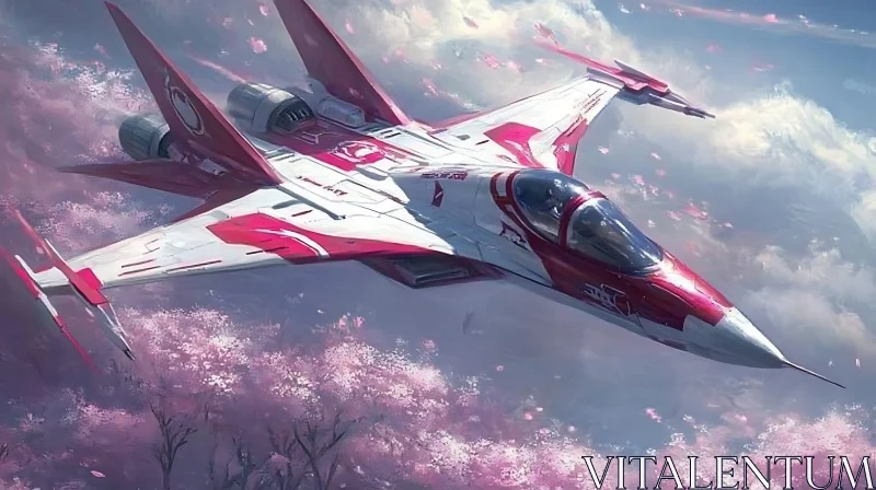 Advanced Aircraft Above Blooming Sakura Trees AI Image