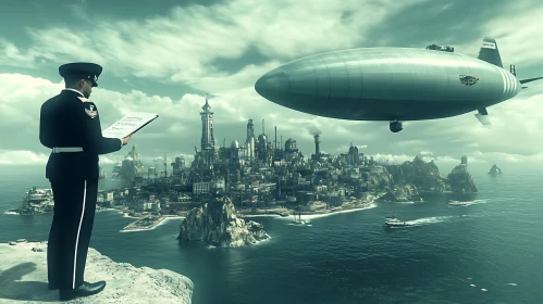 Island City with Airship and Officer