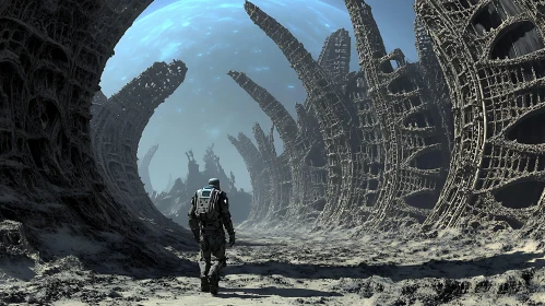 Desolate Landscape with Astronaut and Alien Structures