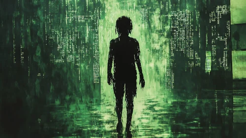 Abstract Digital Silhouette in Green Matrix Code