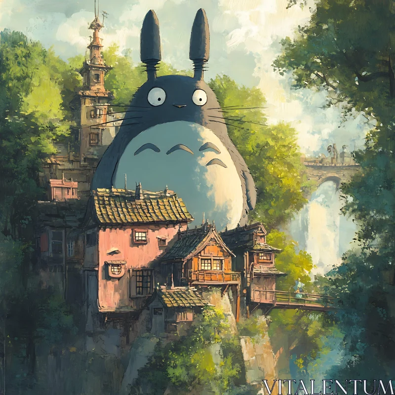 Giant Character Amidst Forest Village AI Image