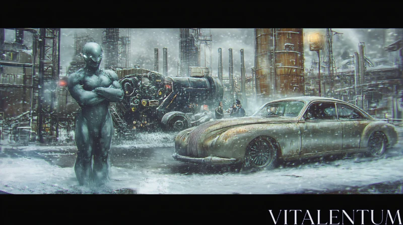 Cyborg in Winter Industrial Scene with Retro Car AI Image