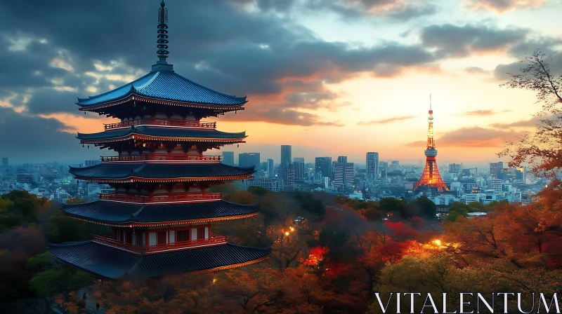 Japanese Pagoda and Urban Skyline during Sunset AI Image