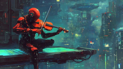 Cyborg Violinist in Futuristic City