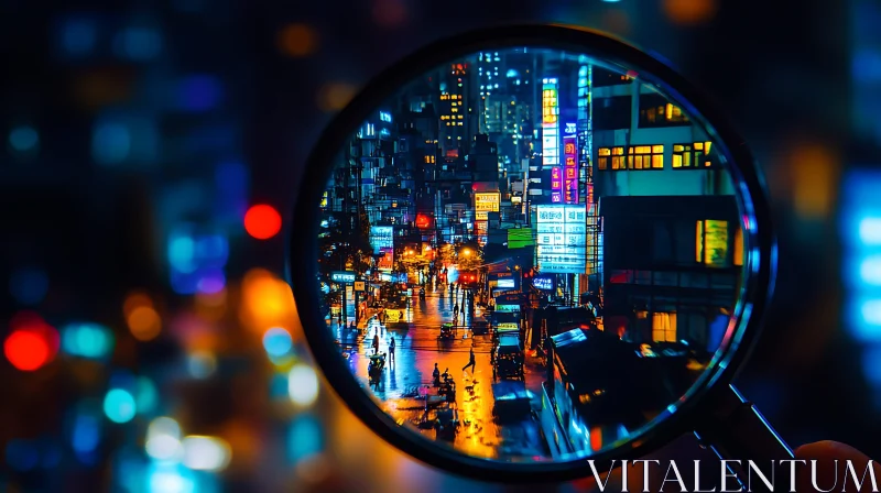 AI ART Neon City Streets at Night Through a Magnifying Glass