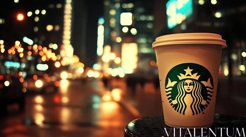 Nighttime Cityscape with Starbucks Coffee AI Image