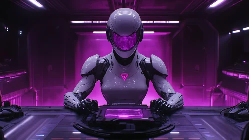 High-Tech Cyborg in Purple Neon Environment