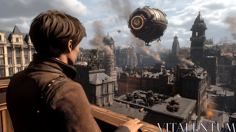 AI ART Man Overlooking Steampunk City with Flying Machines