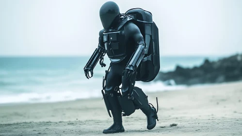 Futuristic Robot on Sandy Beach