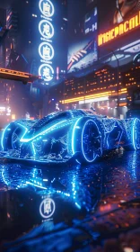 High-Tech City with Neon Lights and Futuristic Car