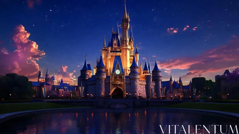 Illuminated Fairytale Castle at Night AI Image