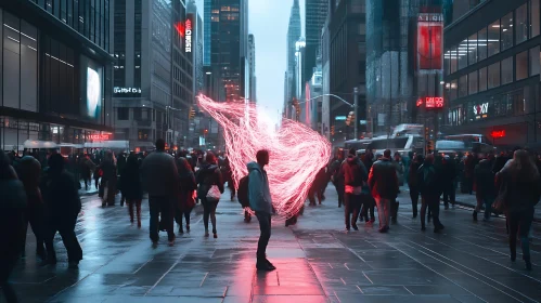 Crowd Scene with Light Art in Urban Setting