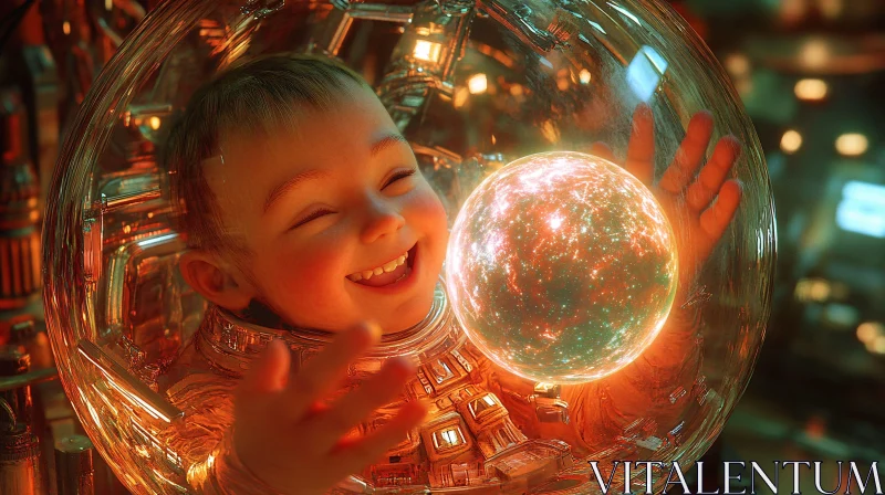 Child Reaching Luminescent Orb in Futuristic Setting AI Image