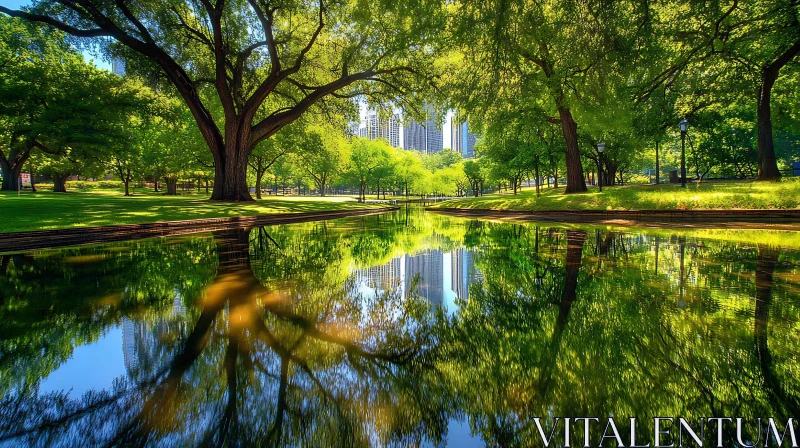 Urban Oasis: Park Scene with Reflective Pond and Skyline AI Image