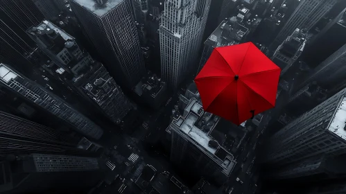 Red Umbrella Amidst Urban Skyscrapers