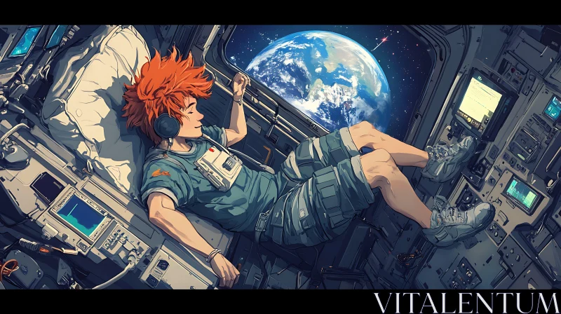 AI ART Futuristic Spacecraft and Earth View with Relaxing Anime Character