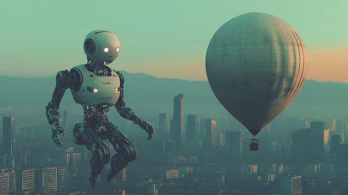 Robot Hovering with Hot Air Balloon at Sunset