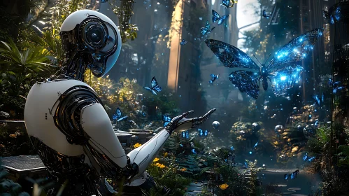 Futuristic Forest Scene with Robot and Glowing Butterflies