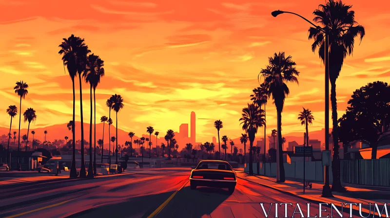 Warm Glowing Sunset with Palm Trees and Cityscape AI Image