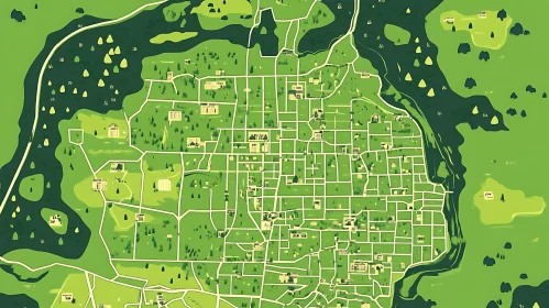 City Map with Streets, Buildings, and Green Spaces