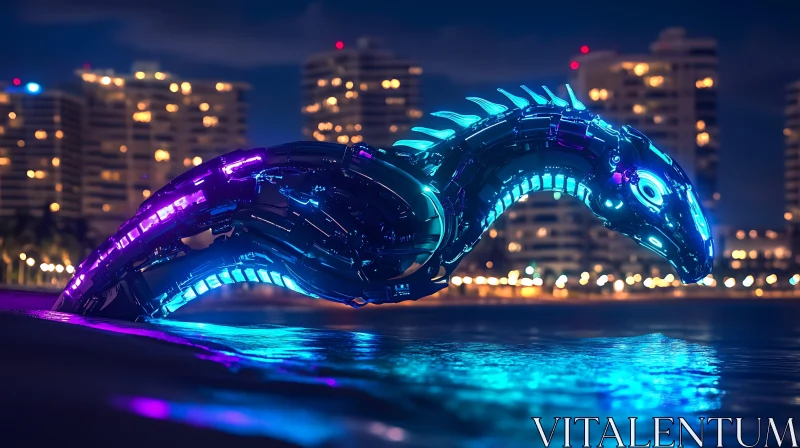 Neon-Lit Serpent Robot in a Cityscape AI Image