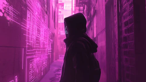 Cyberpunk Hooded Character in Technological Alley