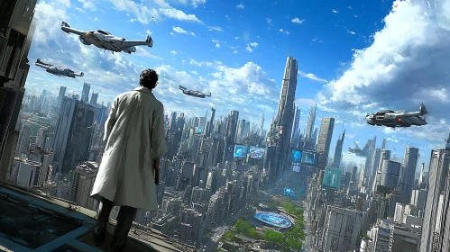 Modern Urban Skyline with Flying Vehicles