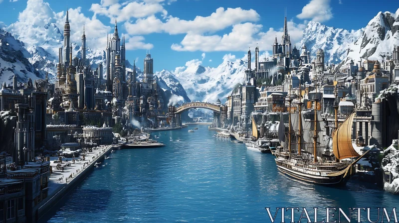 Snow-Capped Fantasy Metropolis with Ships AI Image