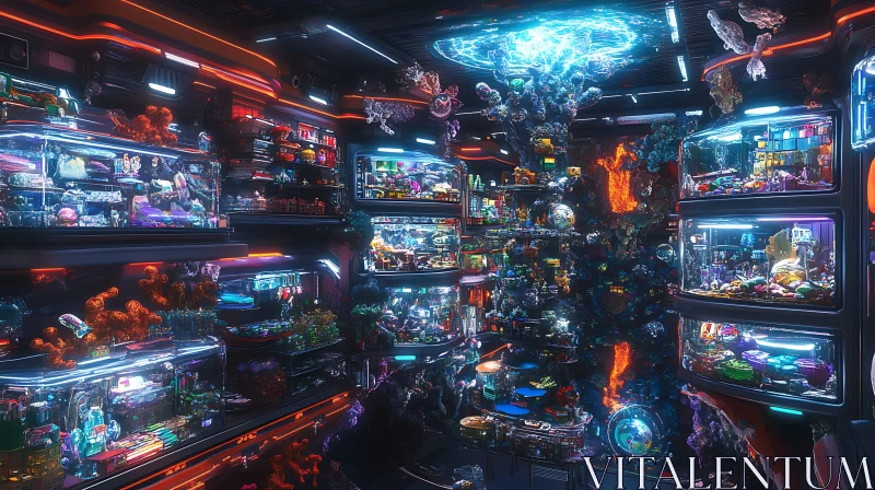 AI ART High-Tech Cyberpunk Scene with Illuminated Shelves and Gadgets