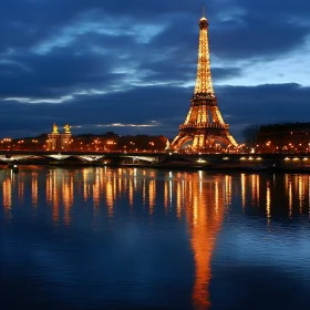 Eiffel Tower Nightscape in Paris with Water Reflection