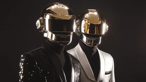 Shiny Helmeted Duo in Stylish Attire