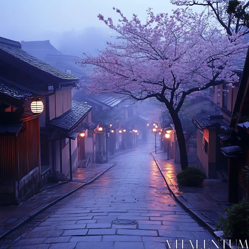 Misty Street with Cherry Blossoms and Soft Lantern Glow AI Image