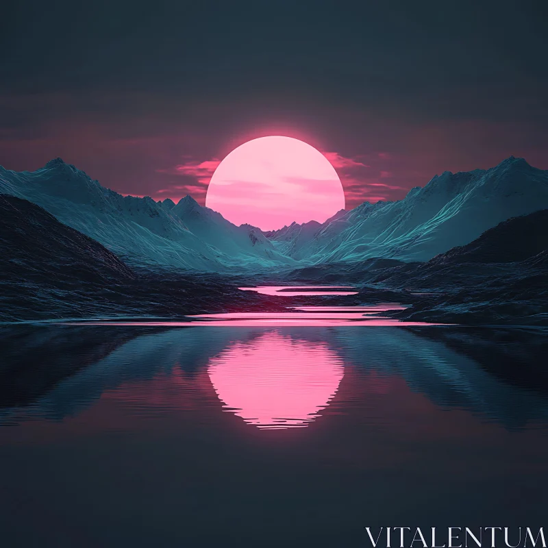 Pink Sunset Reflection on Tranquil Lake AI Image