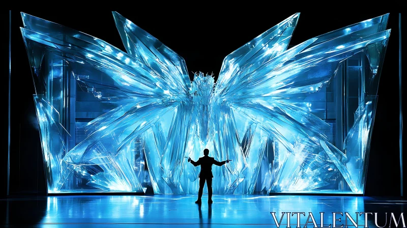 Ethereal Crystal Butterfly with Silhouetted Figure AI Image