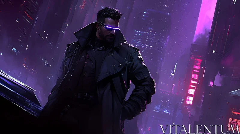 AI ART Dark Trench Coat Hero in Neon City