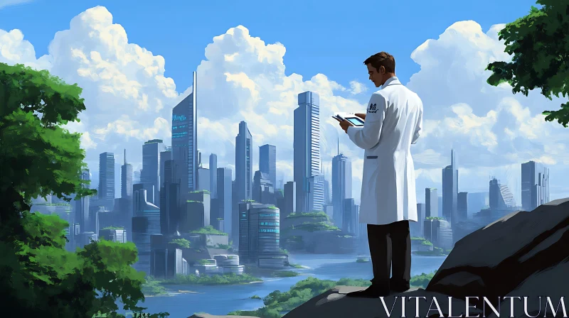 Scientist in Lab Coat Observing Modern Skyline AI Image