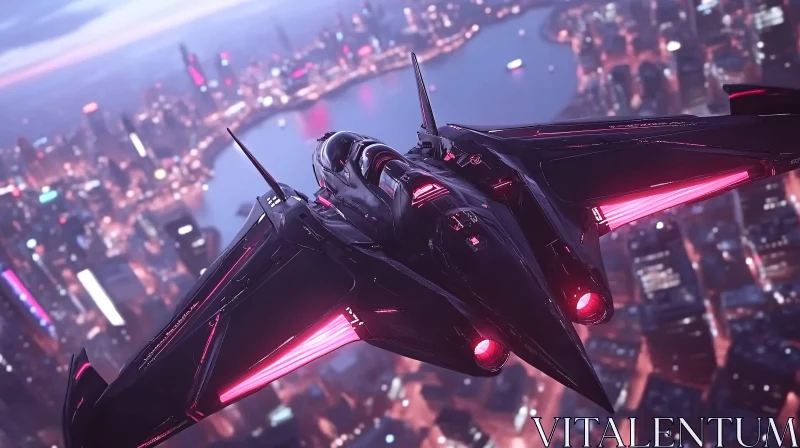 Advanced Jet Flying Over Neon-Lit City AI Image