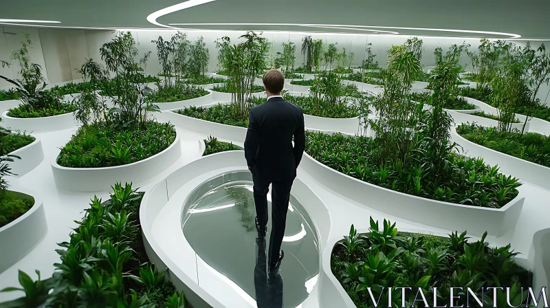 Contemporary Indoor Garden with Man in Formal Attire AI Image