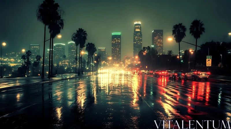 Urban Rainy Night Scene with Tall Buildings AI Image