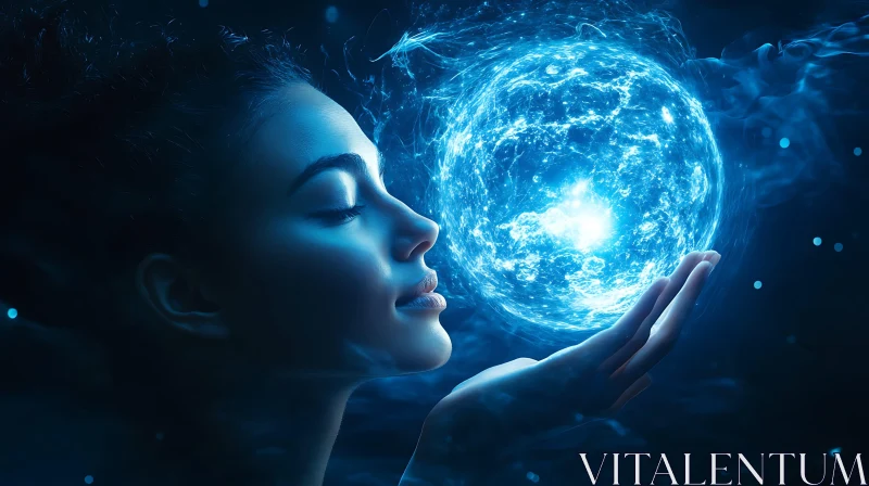 Mystical Connection: Woman with Glowing Blue Orb AI Image