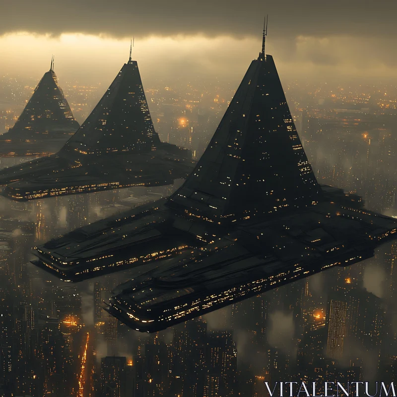 Gigantic Pyramid Structures Hovering Over a Neon-Lit City AI Image