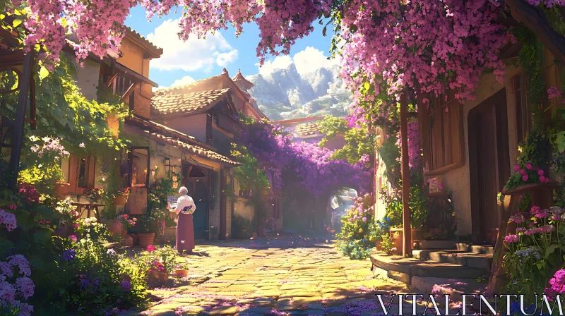 Charming Flower-Lined Village Street with Mountain Backdrop AI Image