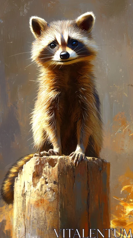 AI ART Curious Raccoon Perched on Stump