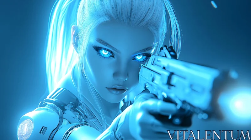 AI ART Blue-Eyed Female Cyborg Aiming Weapon