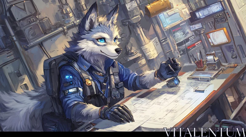 AI ART Wolf Character Sketching in Futuristic Engineering Office