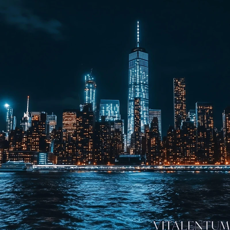 Nighttime Cityscape with Gleaming Skyscrapers and Waterfront Reflections AI Image