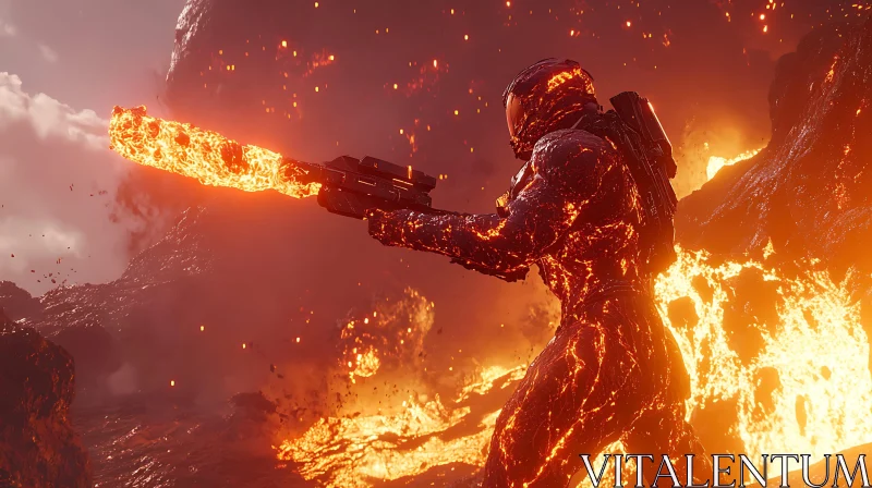 Sci-Fi Soldier Amidst Lava and Fire AI Image