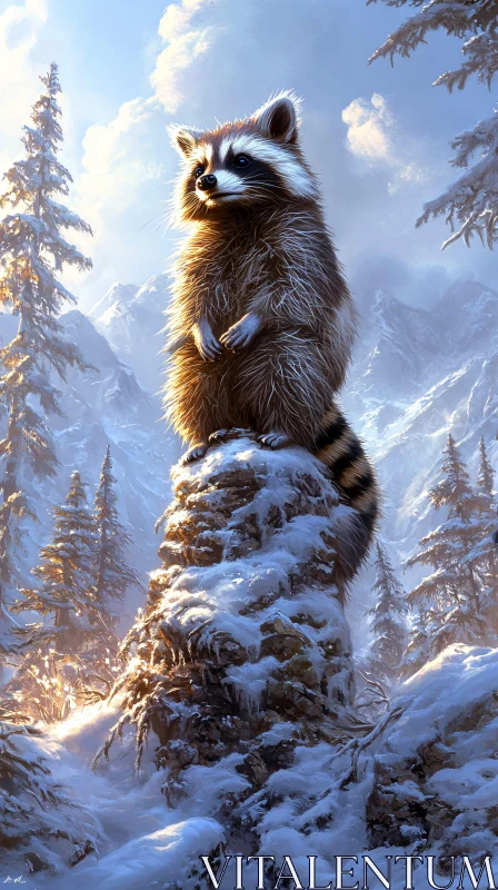 AI ART Raccoon on a Snowy Rock