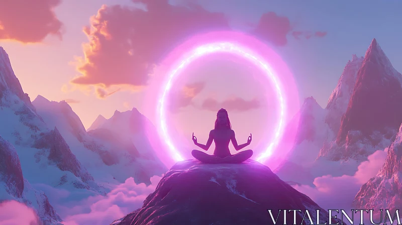 Serene Meditation on Mountain with Glowing Pink Ring AI Image