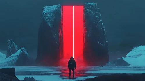 Lonely Figure Before Illuminated Red Portal